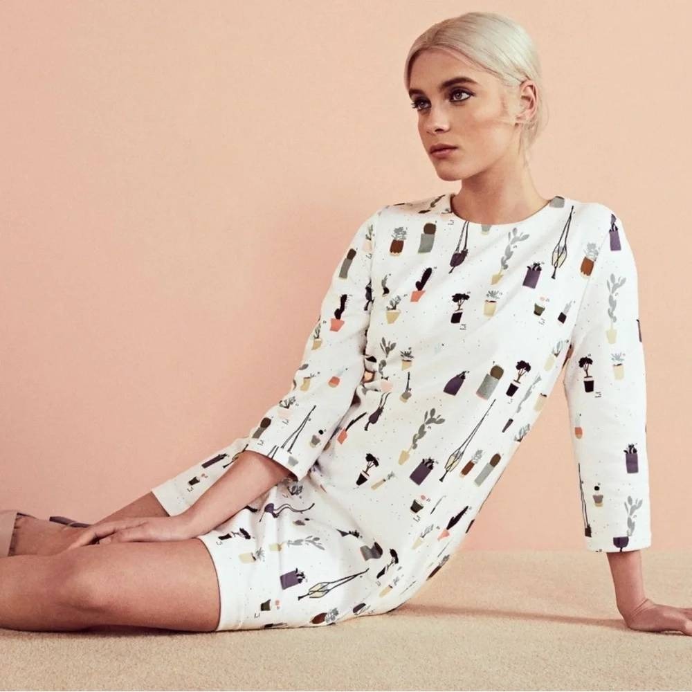 Ted Baker Cactus Print Shift Dress 4/L White Plant Botanical Mod Retro Kitschy